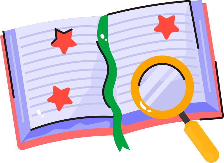 Libro abierto con lupa y estrellas